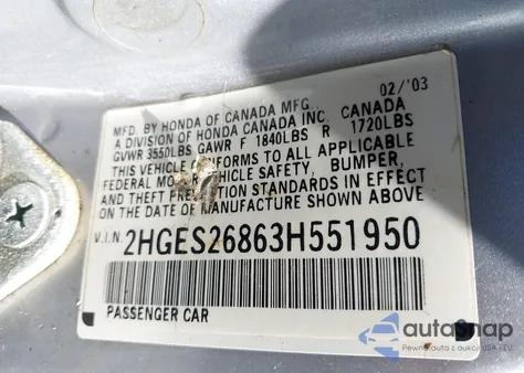 2003 Honda Civic Ex из США, поврежденный, VIN 2HGES26863H551950